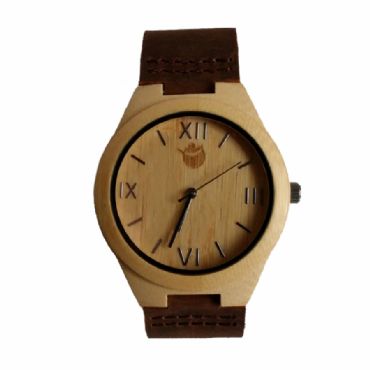 Reloj de madera redondo con madera de bamboo natural y cuero unisex