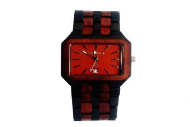 Reloj de madera con una lnea cuadrada con madera rojiza y negra unisex